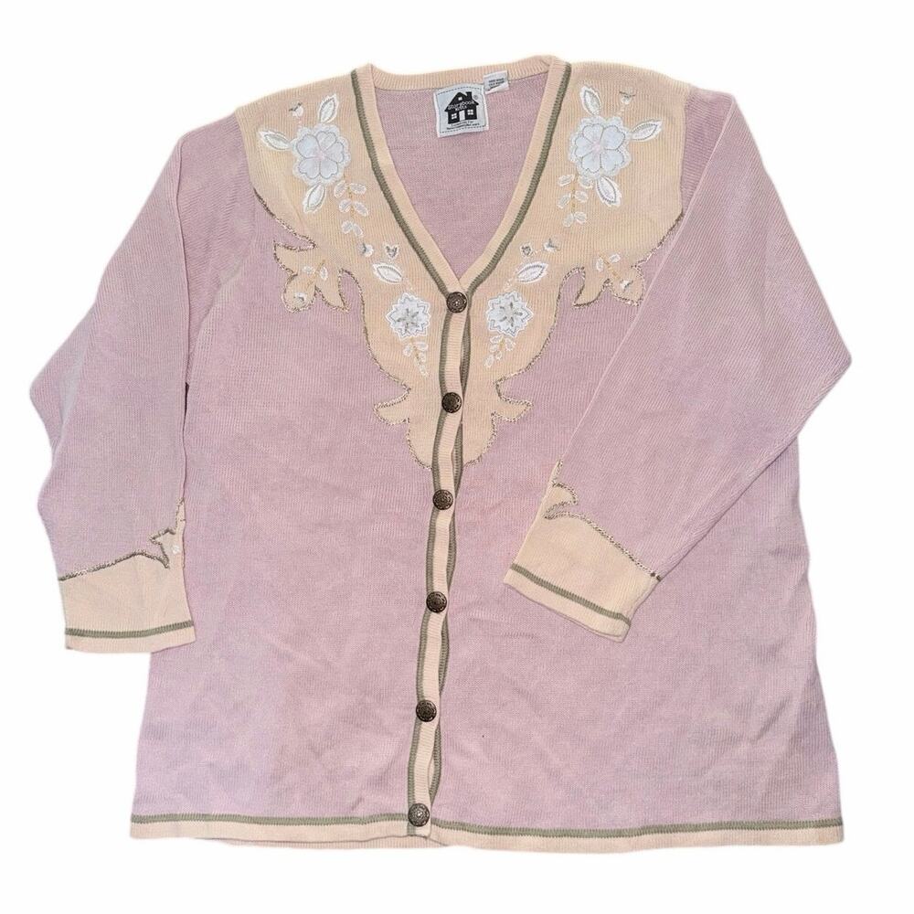 VTG storybook knits cowgirl garden pink cardigan sweater plus 3X cotton ramie